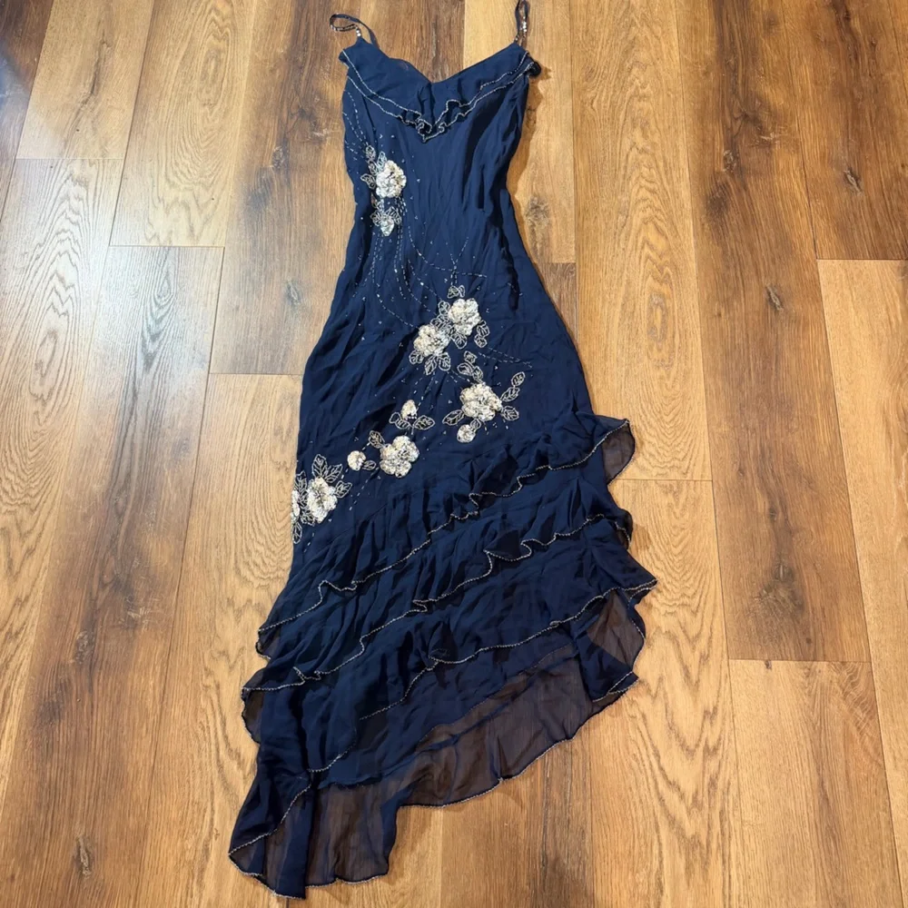 Vintage Y2K 100% Silk Beaded Dress Blue Floral Beaded Fairy Ruffle Prom Dress - Picture 1 of 16